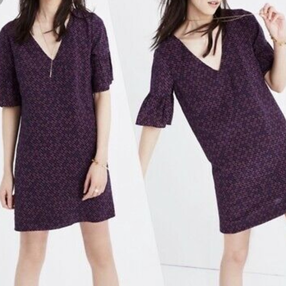 Madewell Silk Bell-Sleeve Painted Clover Mini Navy Blue Dress Size 4